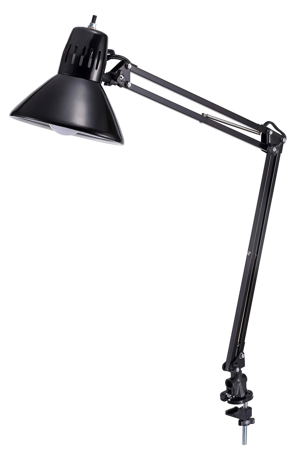 Bostitch VLF100 LED swing-arm lamp mounted on clamp for versatile desk lighting.