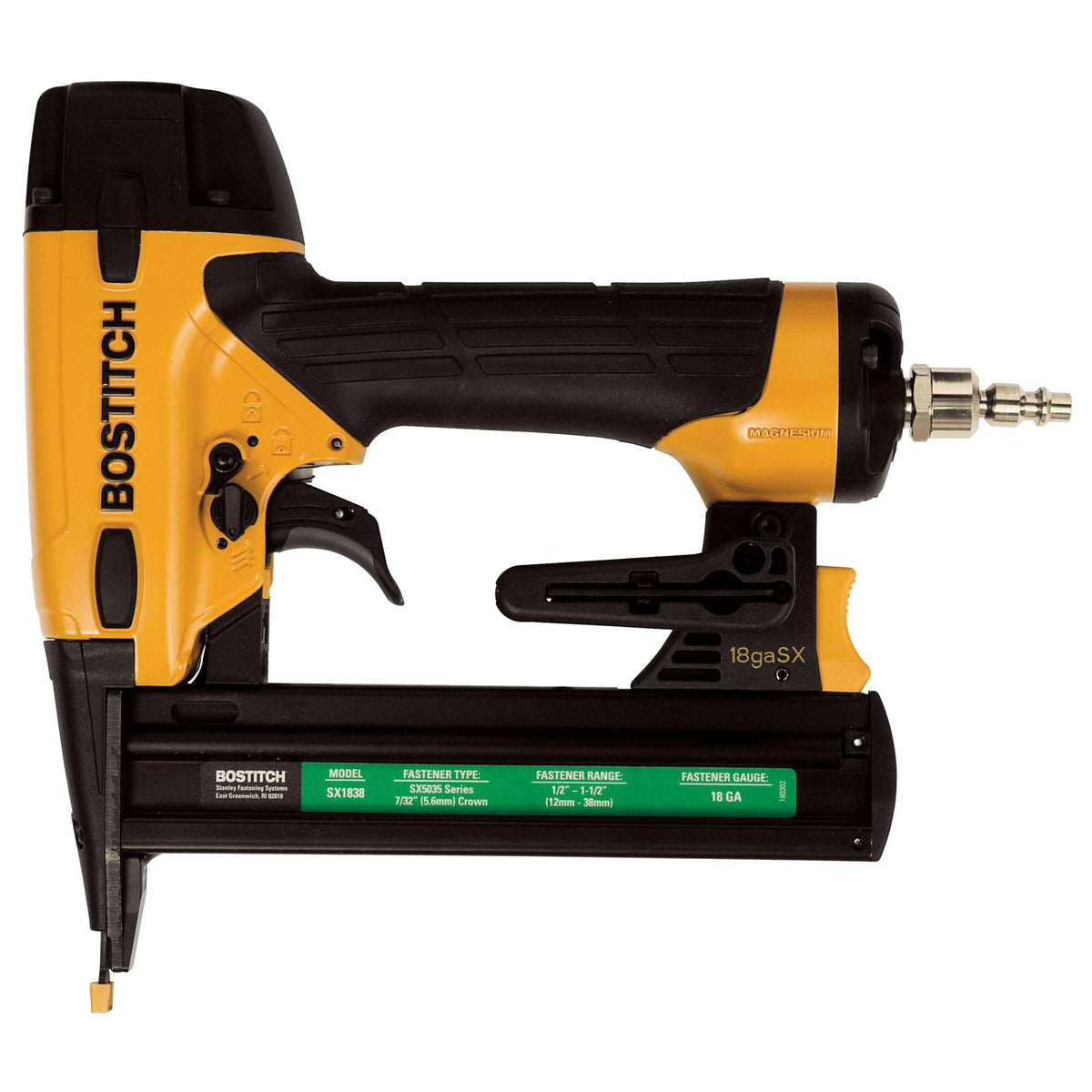 Bostitch SX1838K stapler side profile highlighting lightweight magnesium body