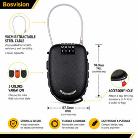 Bosvision Ultra-Secure lock retractable cable coiling for quick securing on the go.