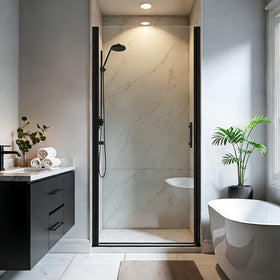 Botwinkle glass shower door with adjustable width for a precise fit in diverse bathrooms