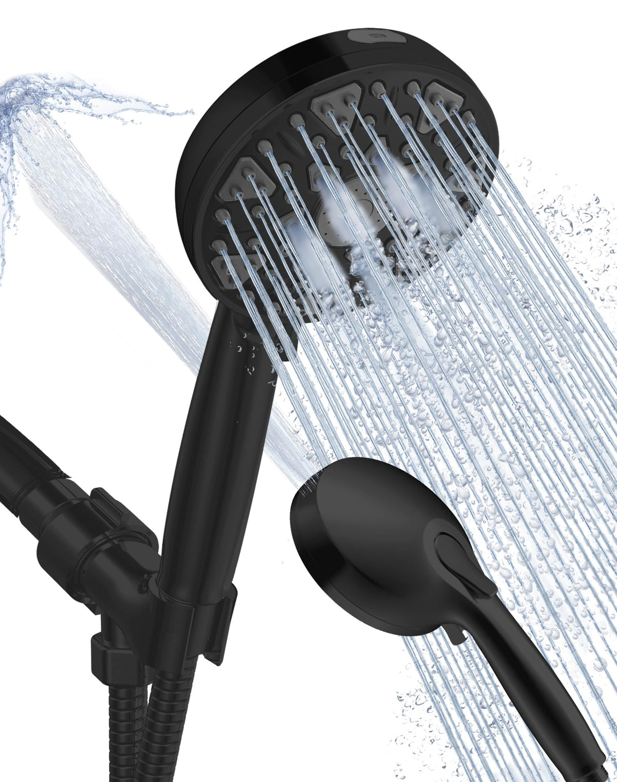 Bowger high-pressure showerhead front view showcasing wide spray for whole-body cleansing.