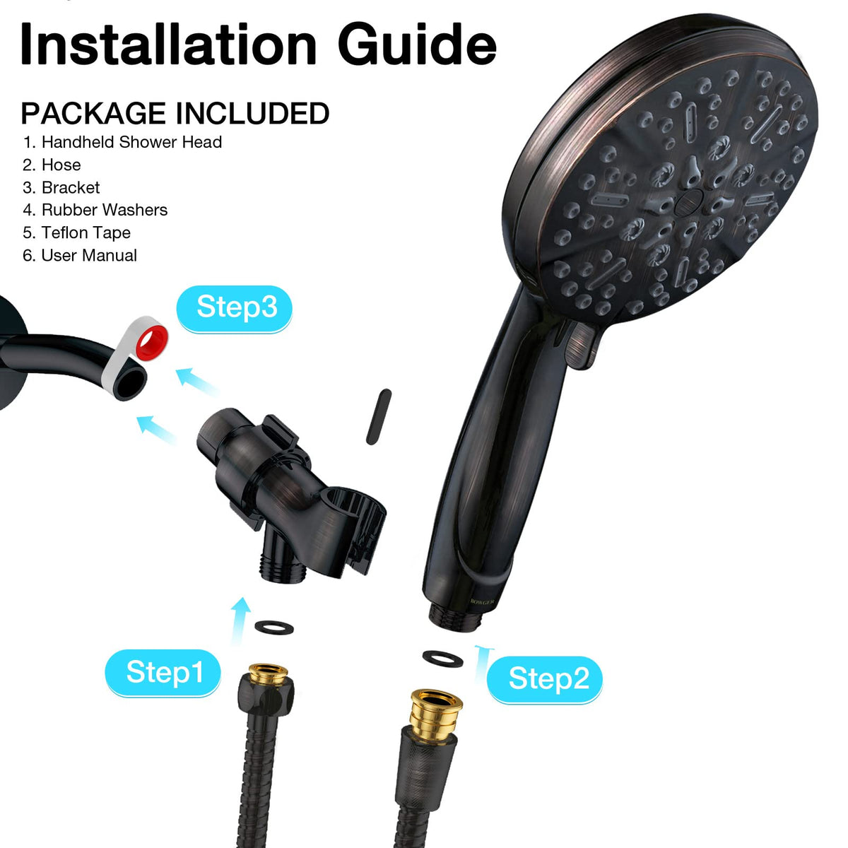 Bowger Orb five-settings shower head offers versatile spray options.