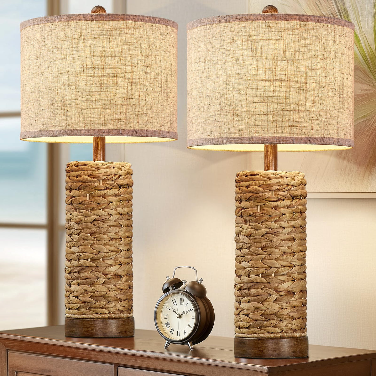Bowobo rattan table lamp set 2 on bedside tables creates cozy coastal ambiance.