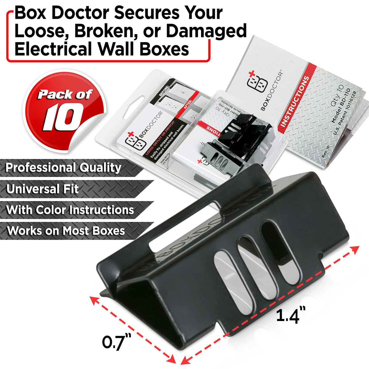 Box Doctor loose outlet close-up showing durable clip gripping wall box.