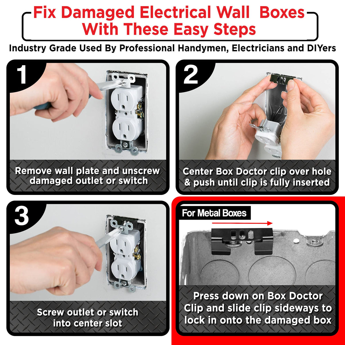 Box Doctor patented-design clip cross-section highlights broad compatibility with boxes.