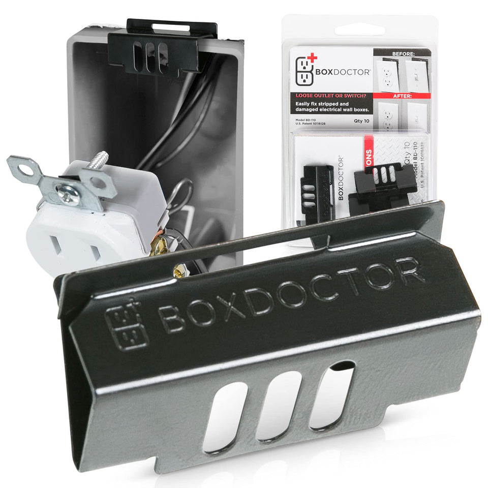 Box Doctor Repair Clips 10-pack packaged for easy wall box repair.