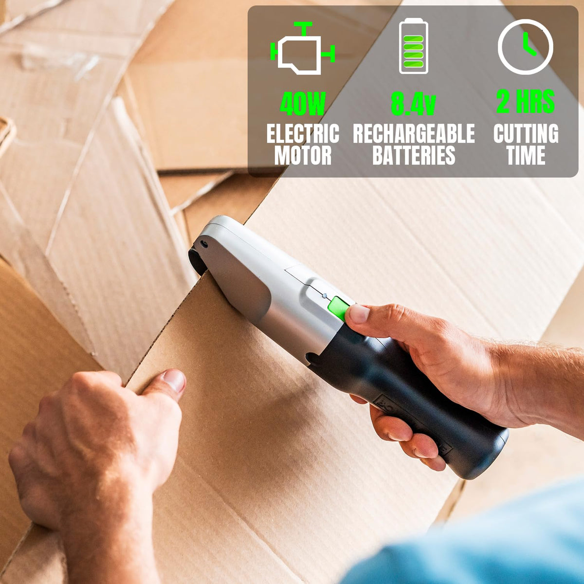 BoxBlayde heavy-duty cutter in action for rapid warehouse box tasks.