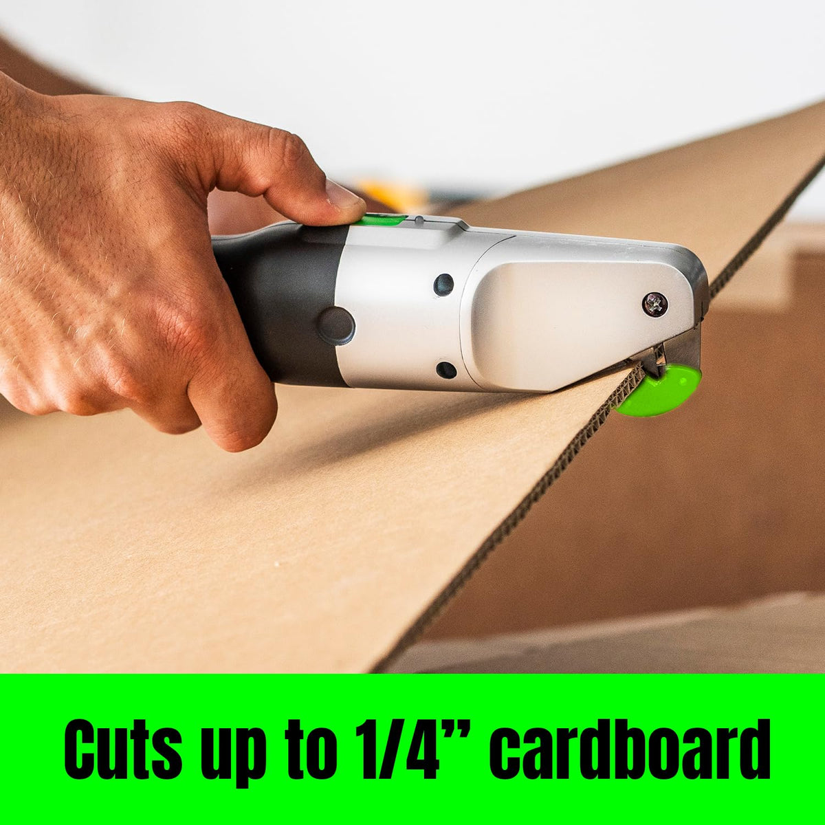 BoxBlayde high-torque cutter powering precise cuts through thick cardboard.