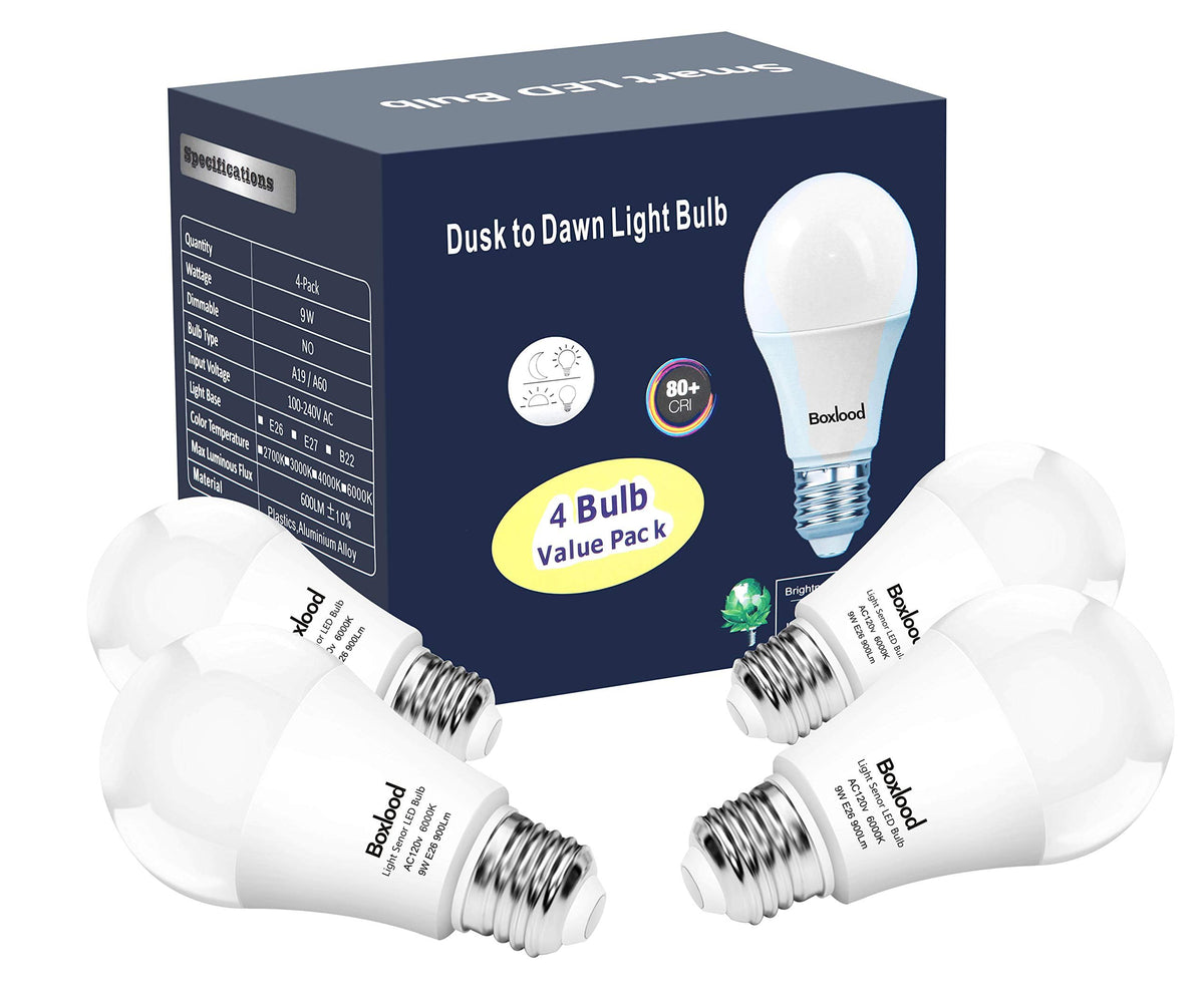 Boxlood dusk-to-dawn 9W bulb closeup showing energy-saving sensor.