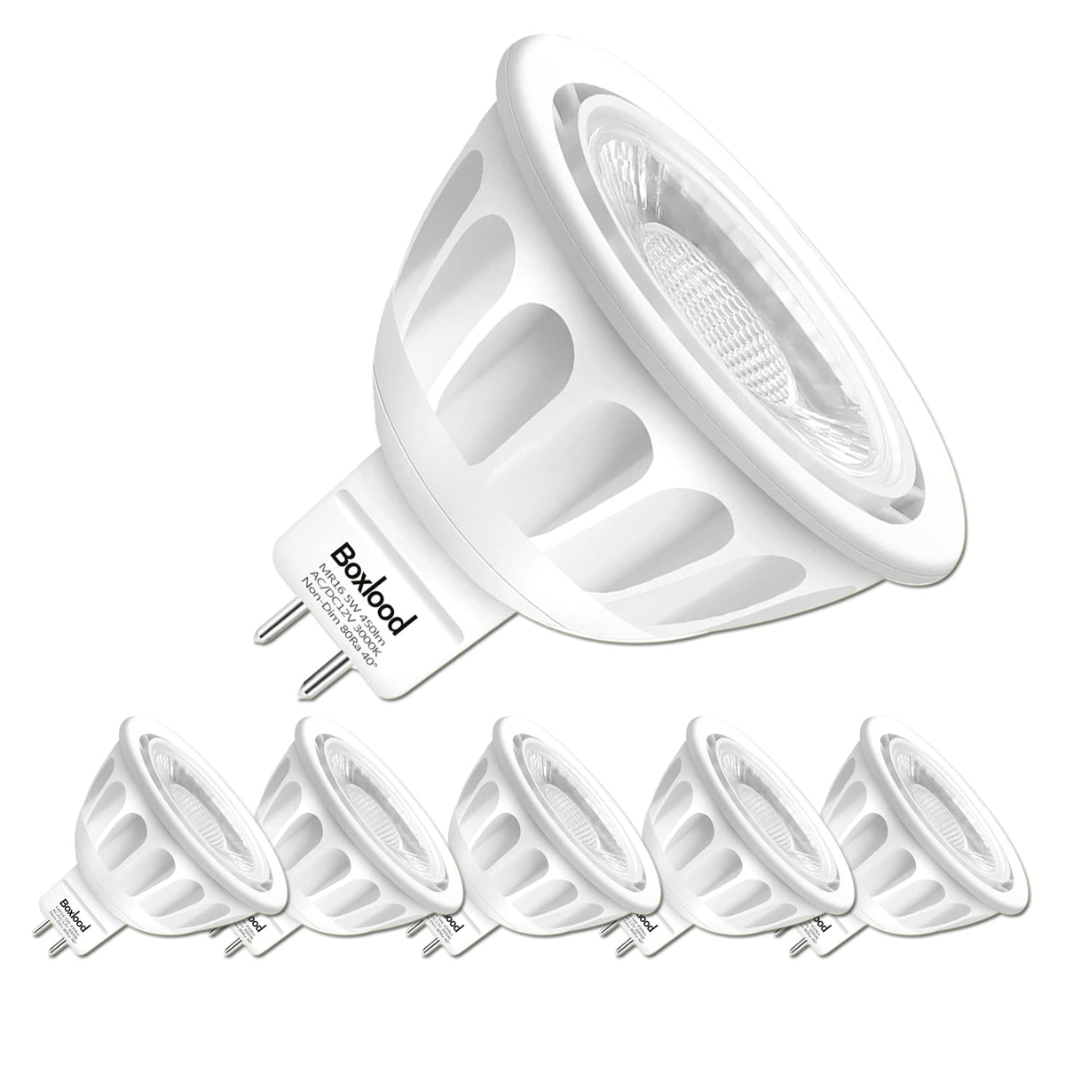 Boxlood MR16 LED bulb 6-pack front view for home lighting efficiency.