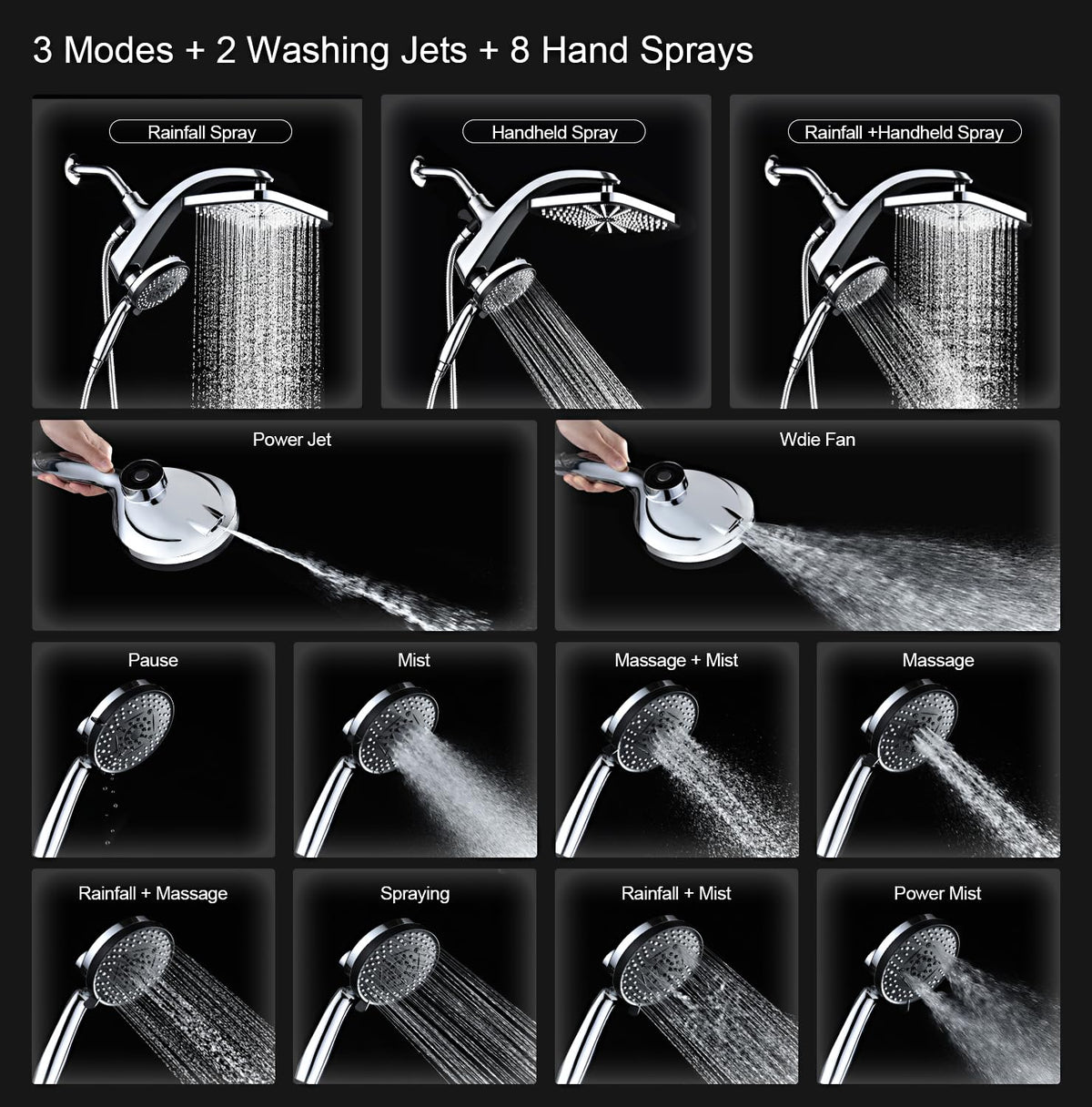 BOZYBO handheld shower head with 10 settings for customizable cleansing.
