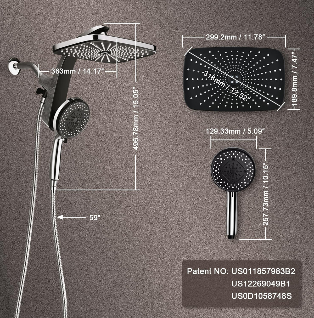 BOZYBO patented design combines fixed rain and handheld spray for convenience.