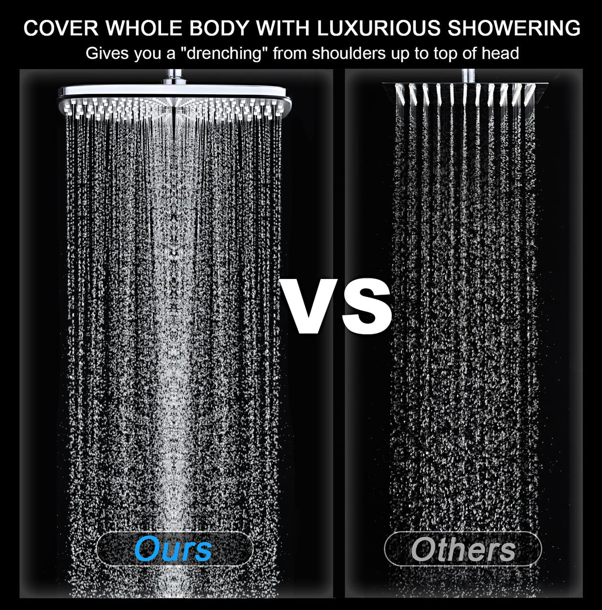 BOZYBO twelve-inch square rain shower head delivers immersive rain experience.
