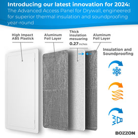 Bozzon access panel door open 180 degrees for easy plumbing access.