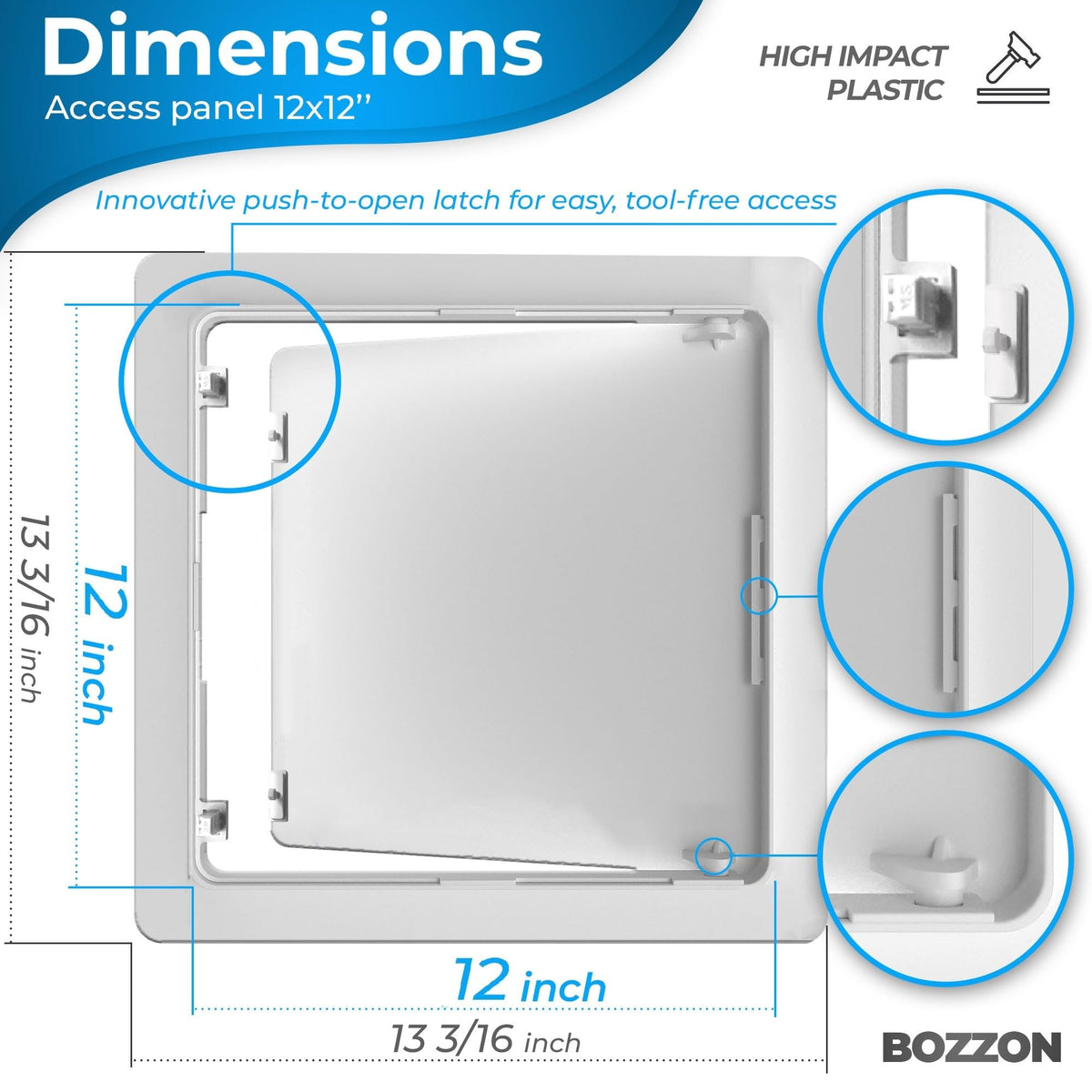 Bozzon access panel drywall 12x12 push-to-open demonstrates tool-free operation