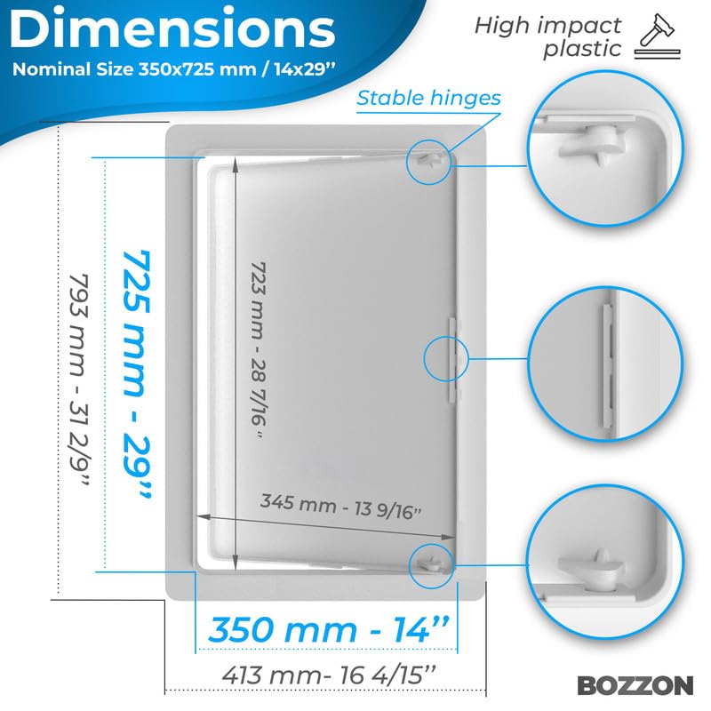 Bozzon drywall access panel with 180-degree hinged door for easy system access.