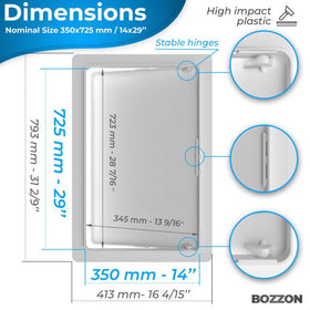 Bozzon drywall access panel with 180-degree hinged door for easy system access.