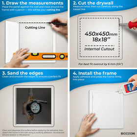 Bozzon drywall access panel with hinged door open offers effortless 180-degree access.