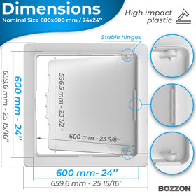 BOZZON drywall access panel 24x24 with hinged door open for convenient maintenance.