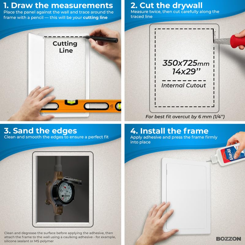 Bozzon drywall access panel with paintable white surface for seamless walls.