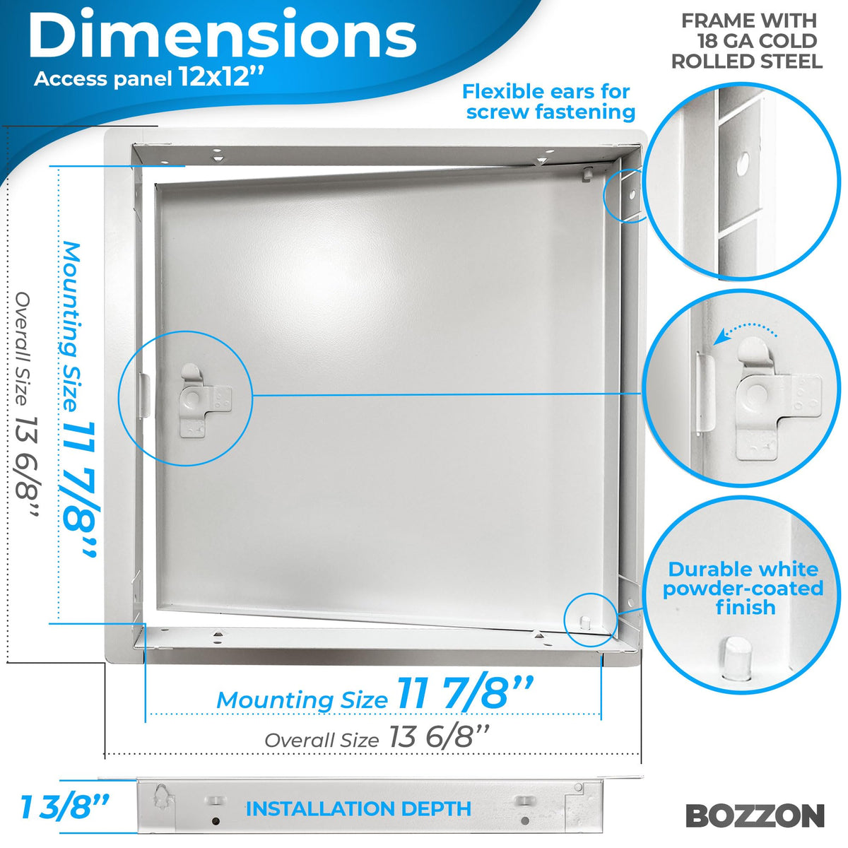 BOZZON access panel with screwdriver latch opens for quick maintenance.