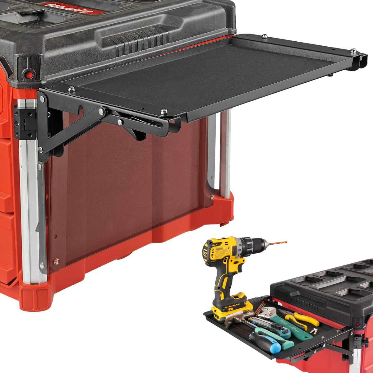BPOPO folding magnetic side table attached to Milwaukee Packout for a portable, organized workspace.