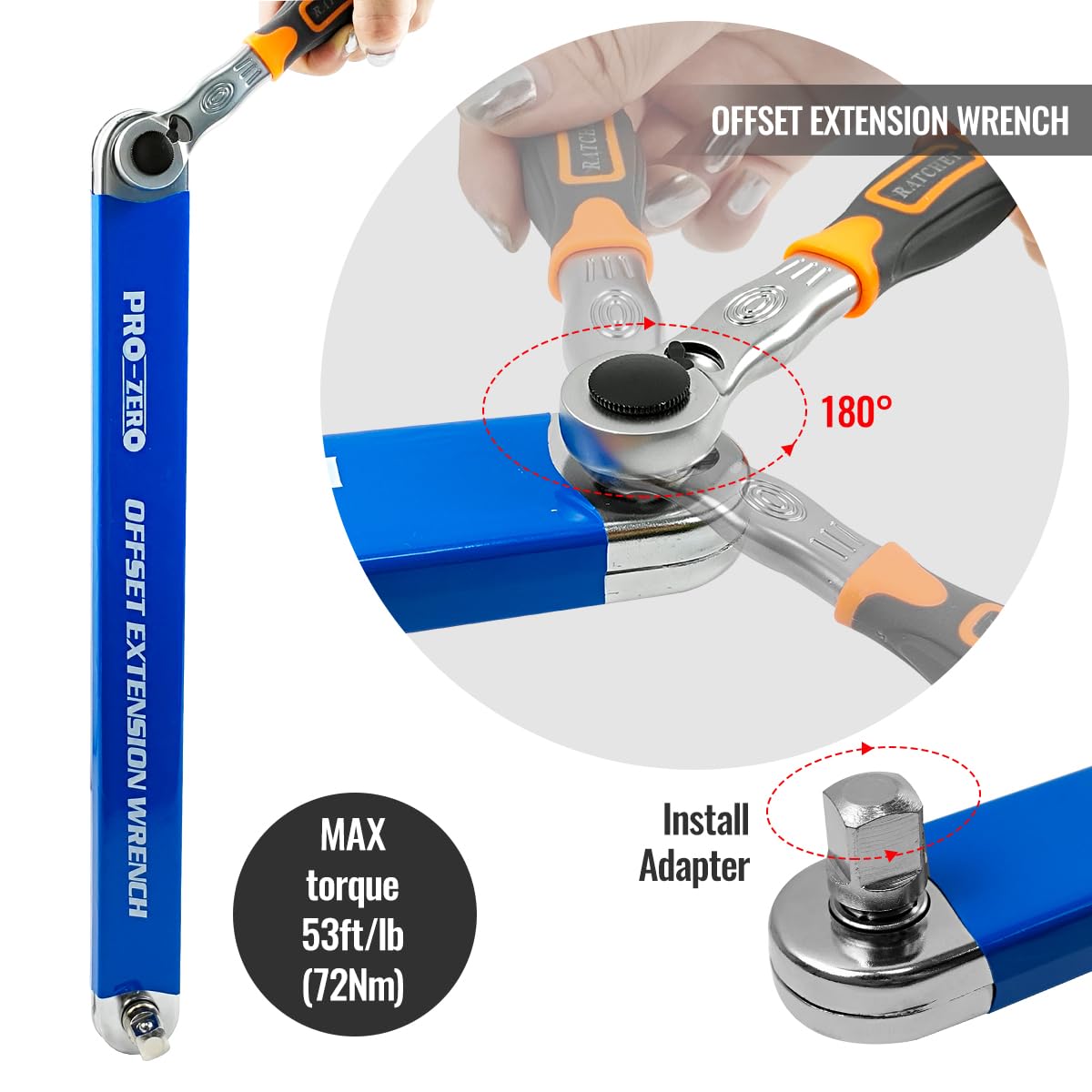 Bqweun extension wrench with four adapters enables versatility.