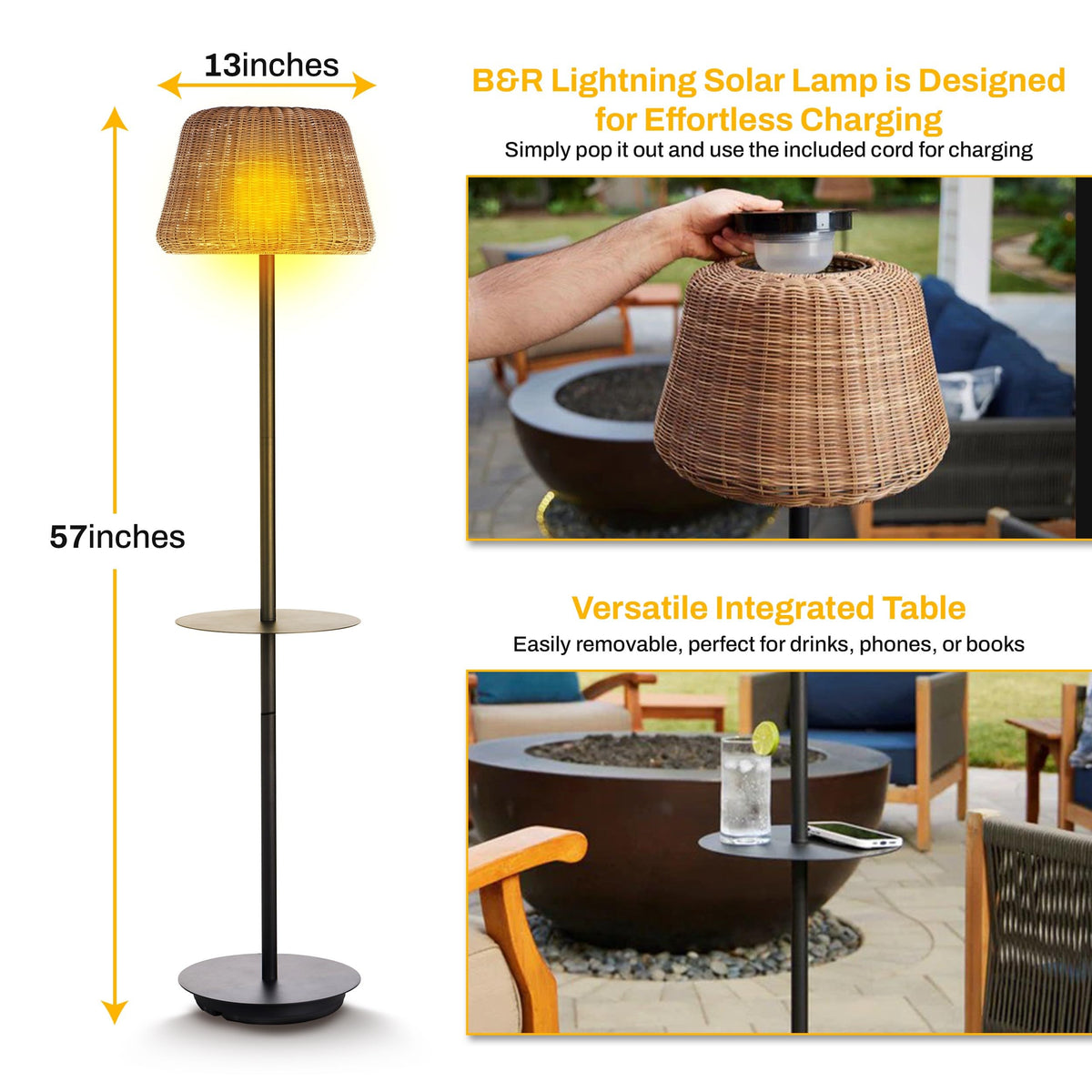B&R Lighting solar outdoor floor lamp with table highlighting the table surface usage.