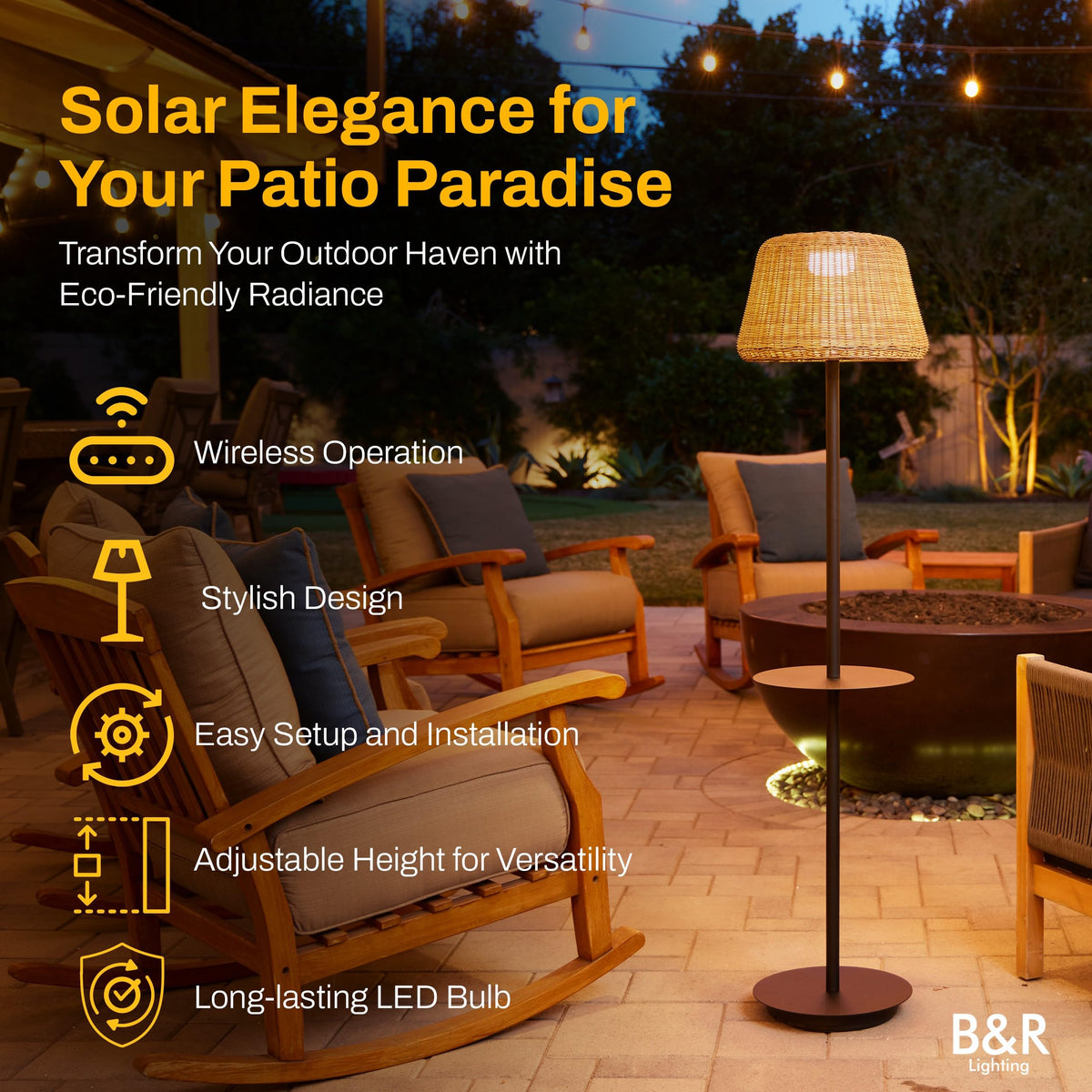 B&R Lighting solar outdoor floor lamp with table showing dusk sensor in action.
