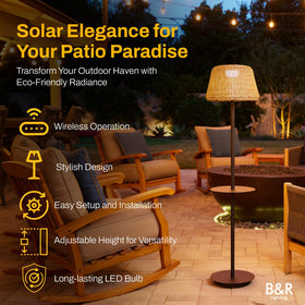 B&R Lighting solar outdoor floor lamp with table showing dusk sensor in action.