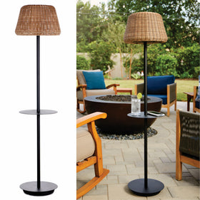 B&R Lighting solar outdoor floor lamp with table, front view on patio.