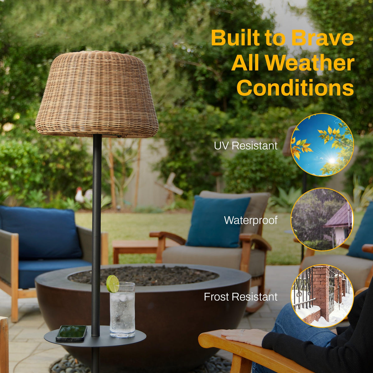B&R Lighting solar outdoor floor lamp with table on a sunny patio scene.