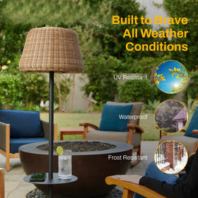 B&R Lighting solar outdoor floor lamp with table on a sunny patio scene.
