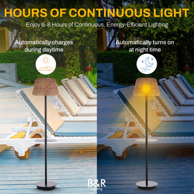 B&R Lighting solar outdoor floor lamp with table featuring rattan shade.