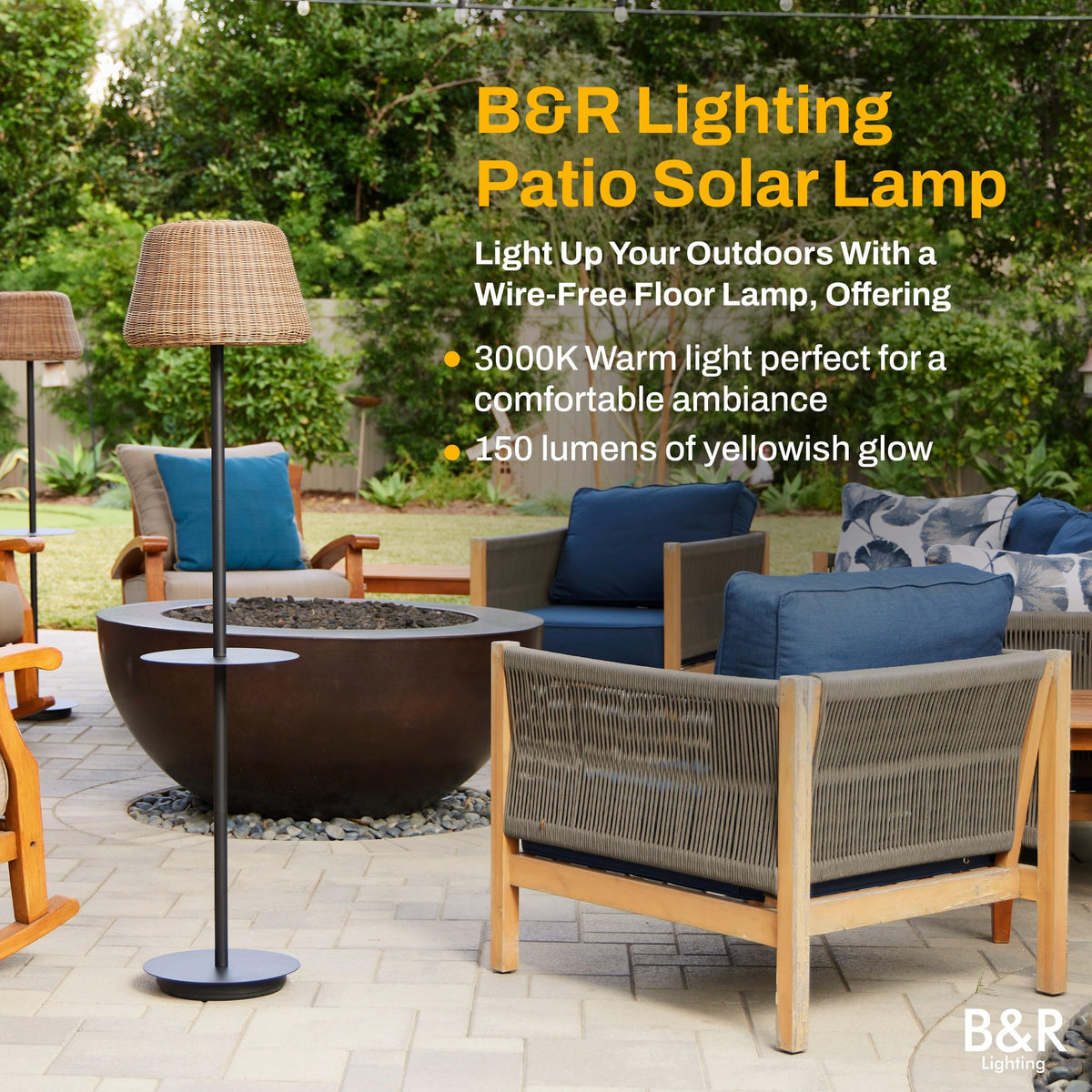 B&R Lighting solar outdoor floor lamp with table, side view on deck.