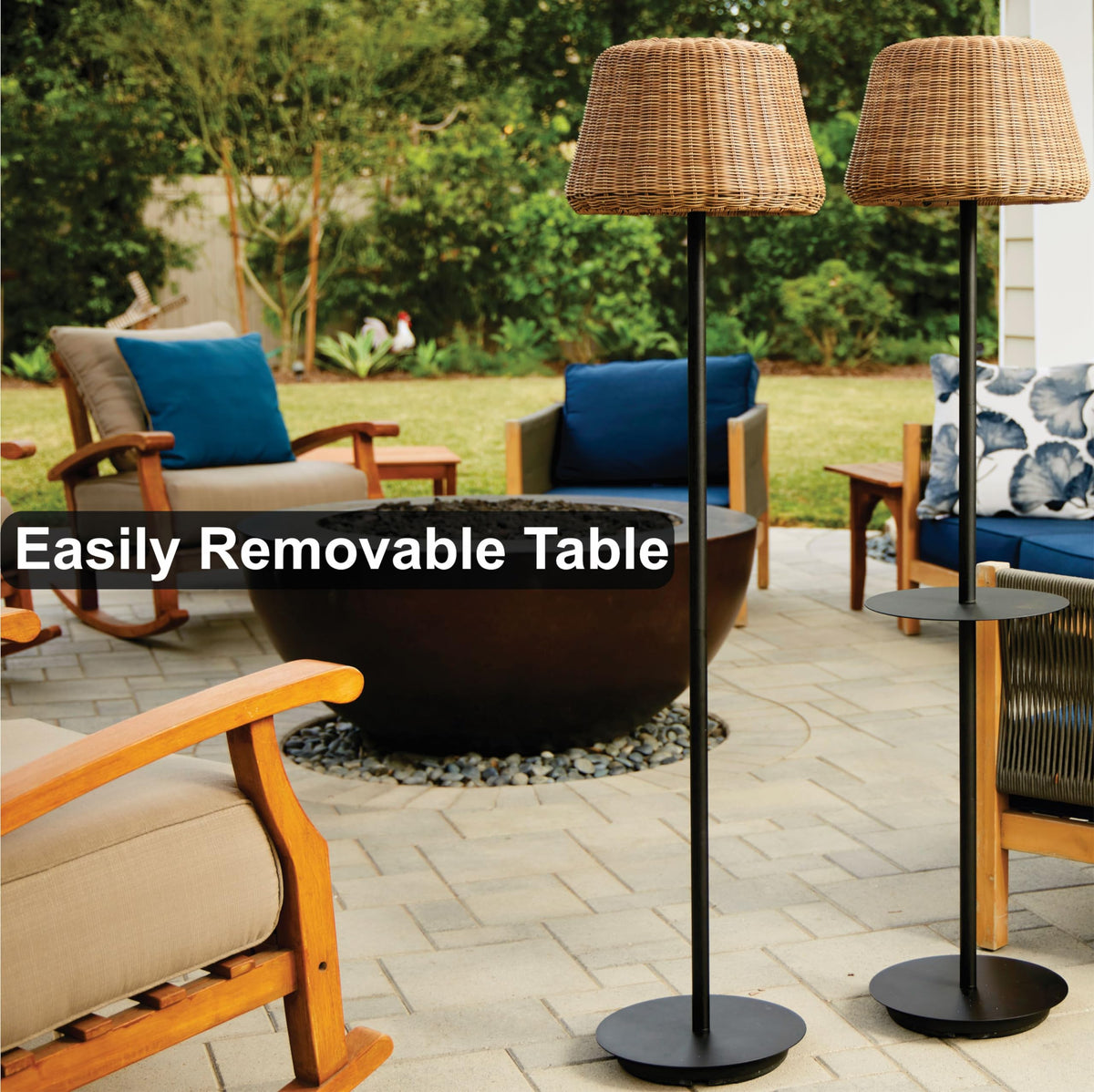 B&R Lighting solar outdoor floor lamp with table enduring rain and sun outdoors.