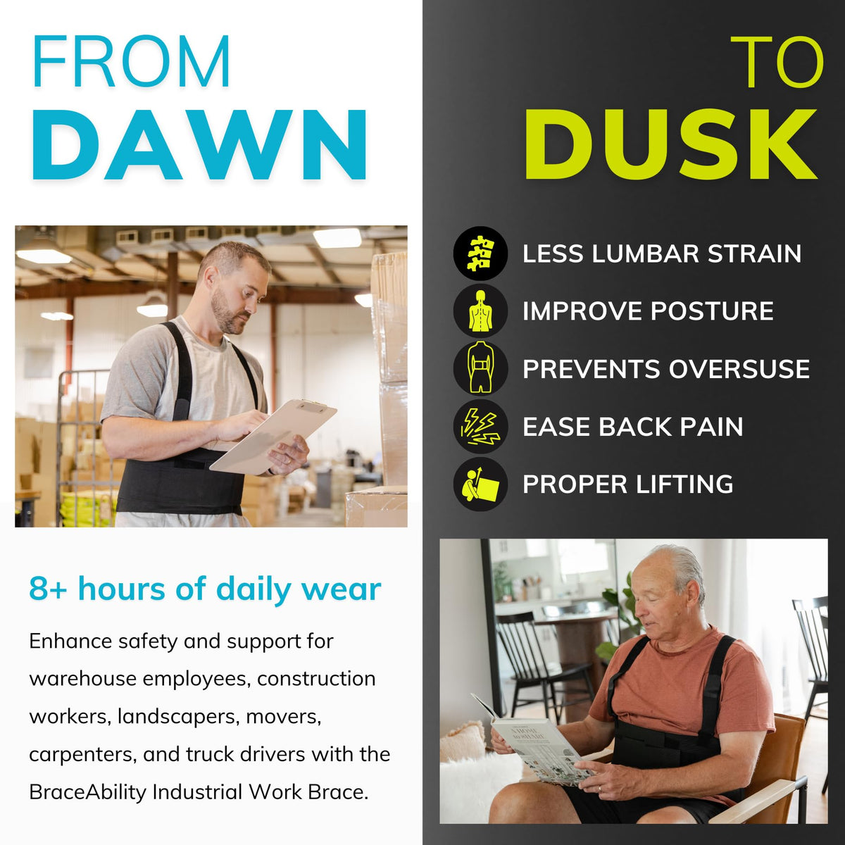 BraceAbility Work Back Brace suitability for construction and other demanding tasks.