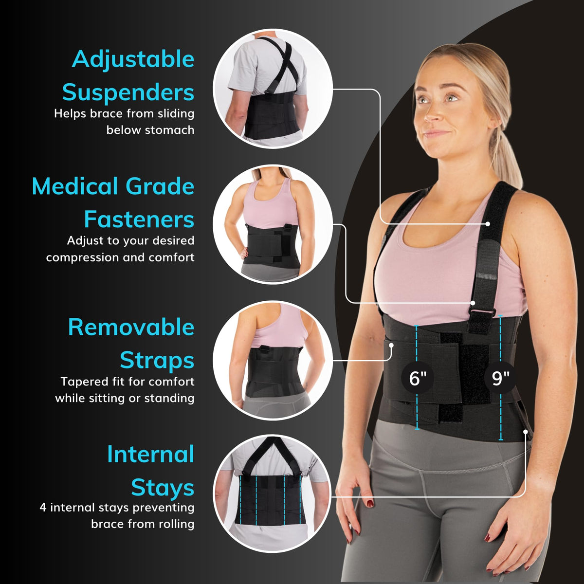BraceAbility Work Back Brace can be worn over or under clothing for job flexibility.
