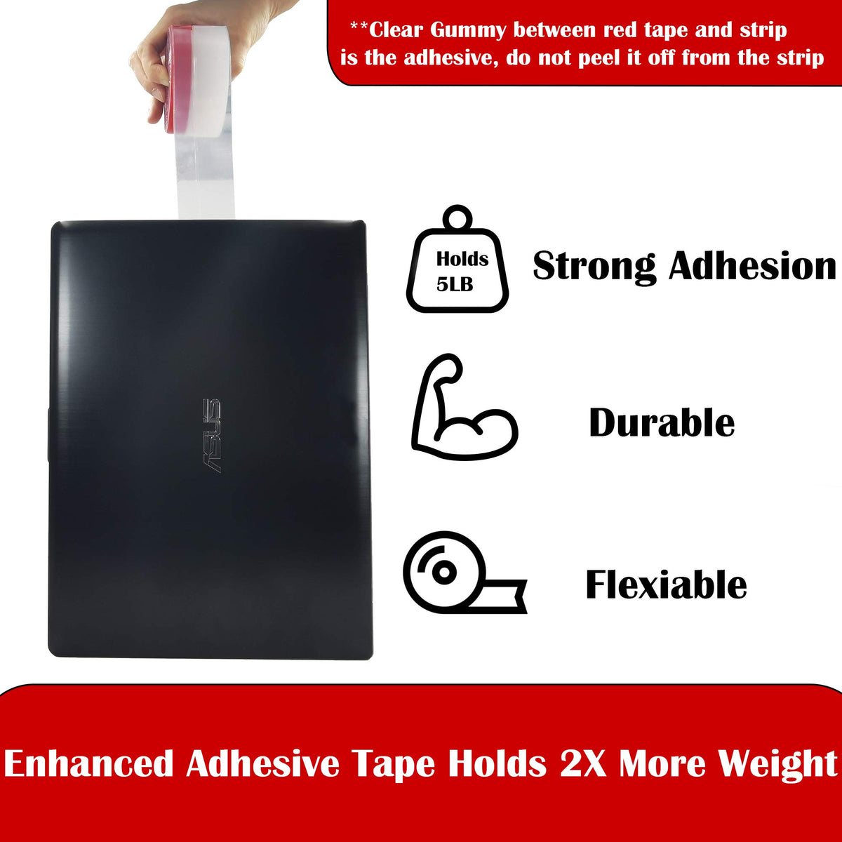 Brandzini Clear Weather Stripping Tape sticky backing illustrates strong adhesion on surfaces