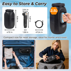 Brarvagur travel bidet connected to 2.5L tank for on-the-go needs.