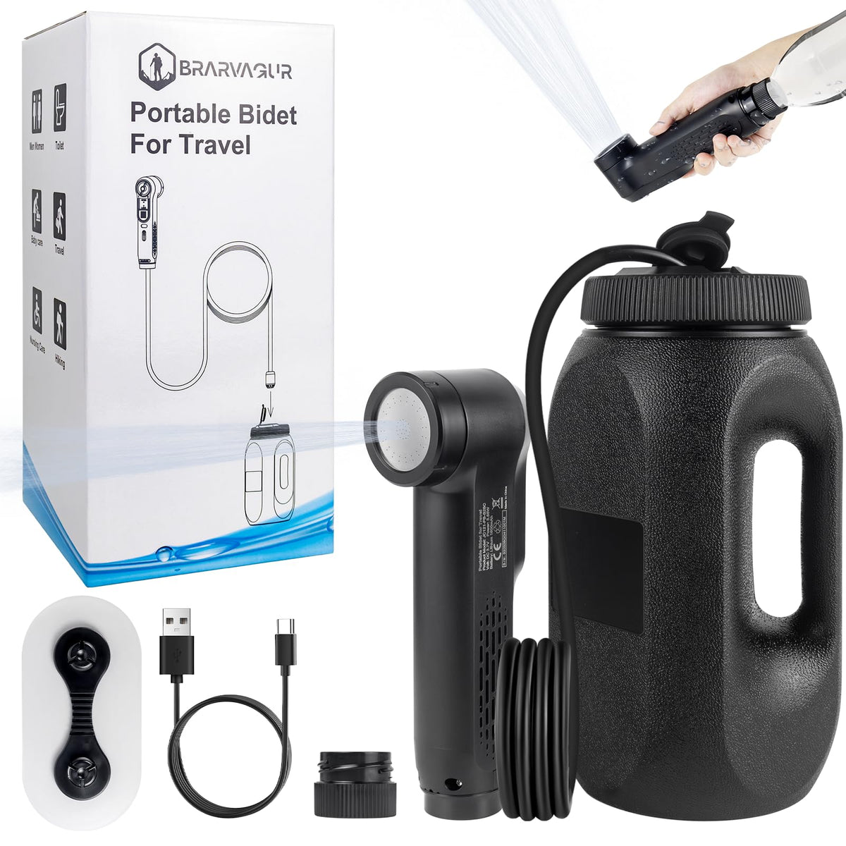 Brarvagur portable bidet with 2.5L tank for extended travel use.