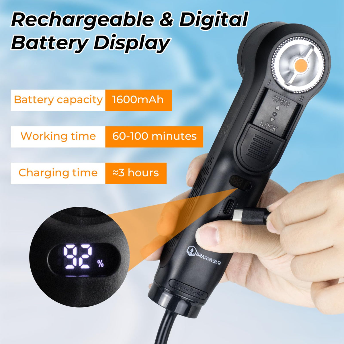 Brarvagur bidet display highlighting USB-C charging and battery level.