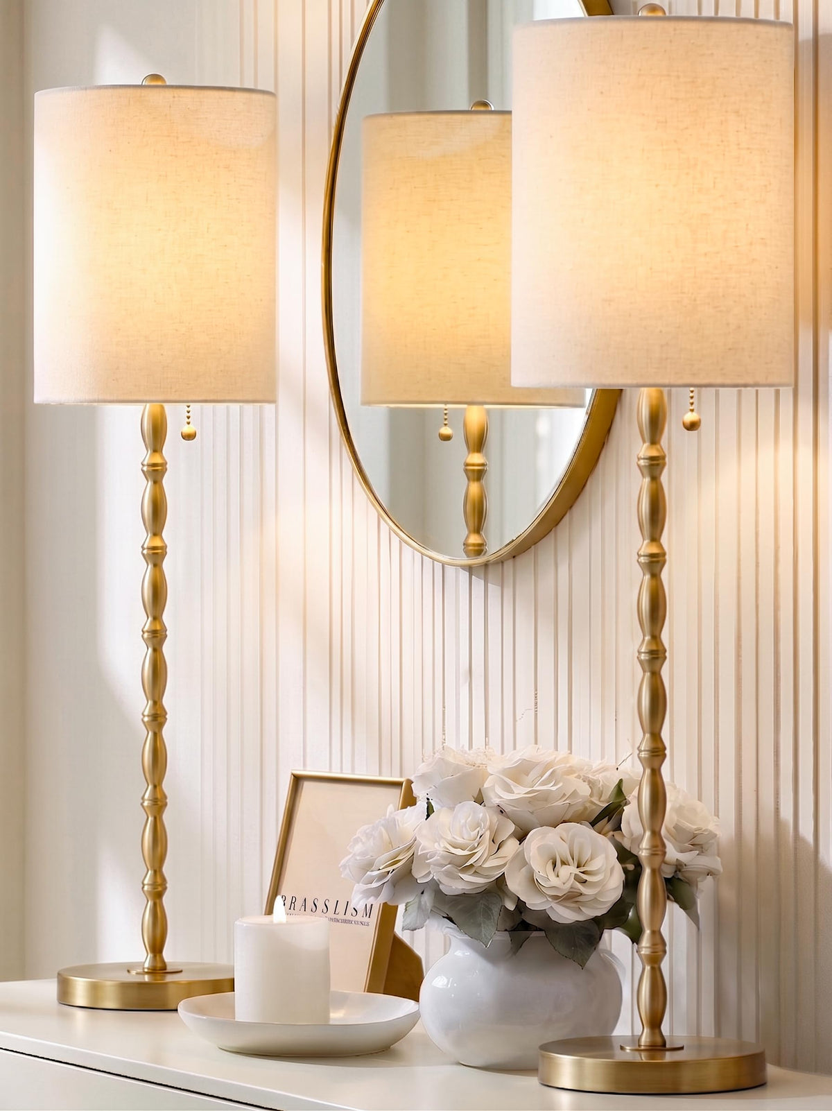 BRASSLISM buffet lamps two-pack front view on console for inviting entryways.