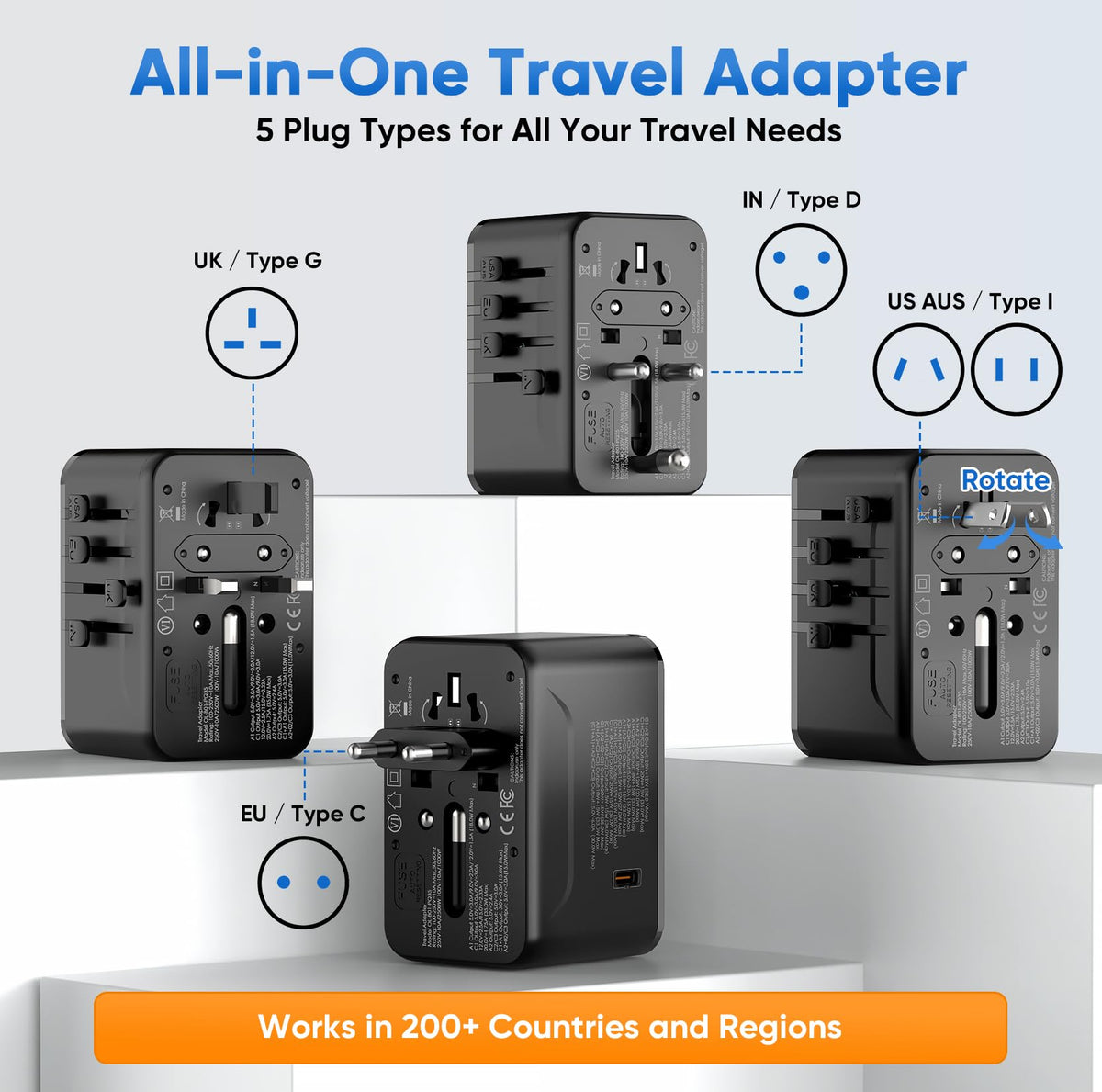 Braveshark built-in plug types display supports USA, Europe, UK, and Asia.