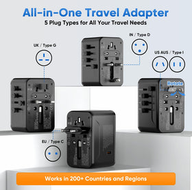 Braveshark built-in plug types display supports USA, Europe, UK, and Asia.