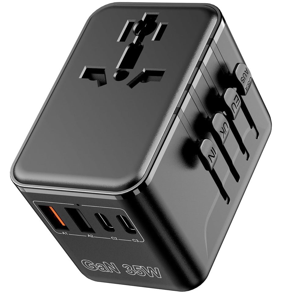 Braveshark universal travel adapter front view showing built-in plugs for global use.