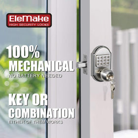 Bravex keypad deadbolt side view, robust stainless steel construction.