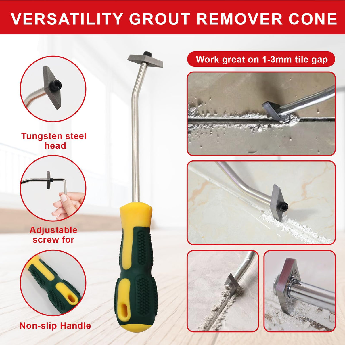 Breeker angled grout scraper heads reach tight corners