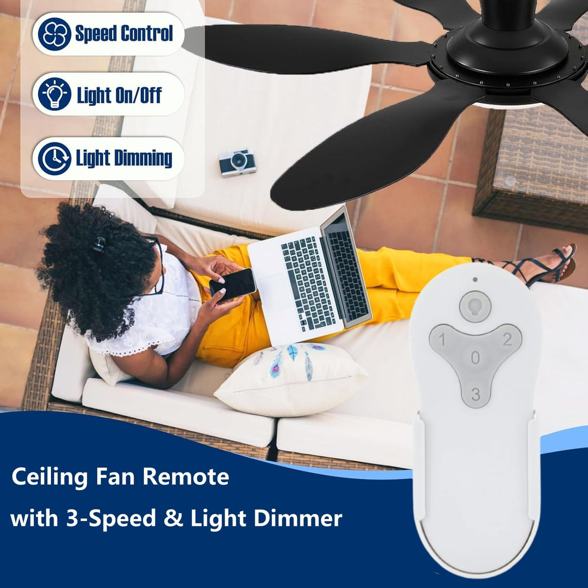 Three-speed fan control and light dimming on Breeze Bay remote.