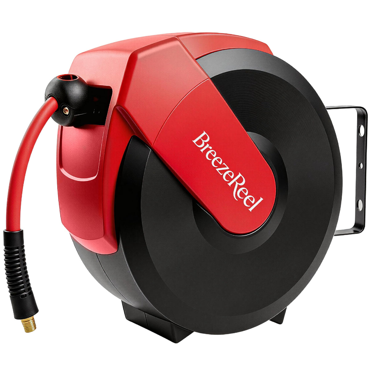 BreezeReel retractable air hose reel with 50ft reach for a clean, organized workshop.